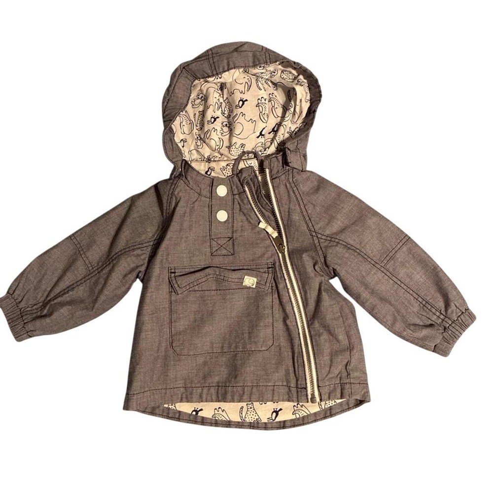 HM Baby Grey Chambray Hooded Jacket Animal Print Lining Side Zip 4-6M